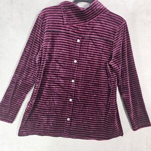 Talbots Petite LP Turtleneck Velvet Purple Black Strip Back Buttons Long Sleeve